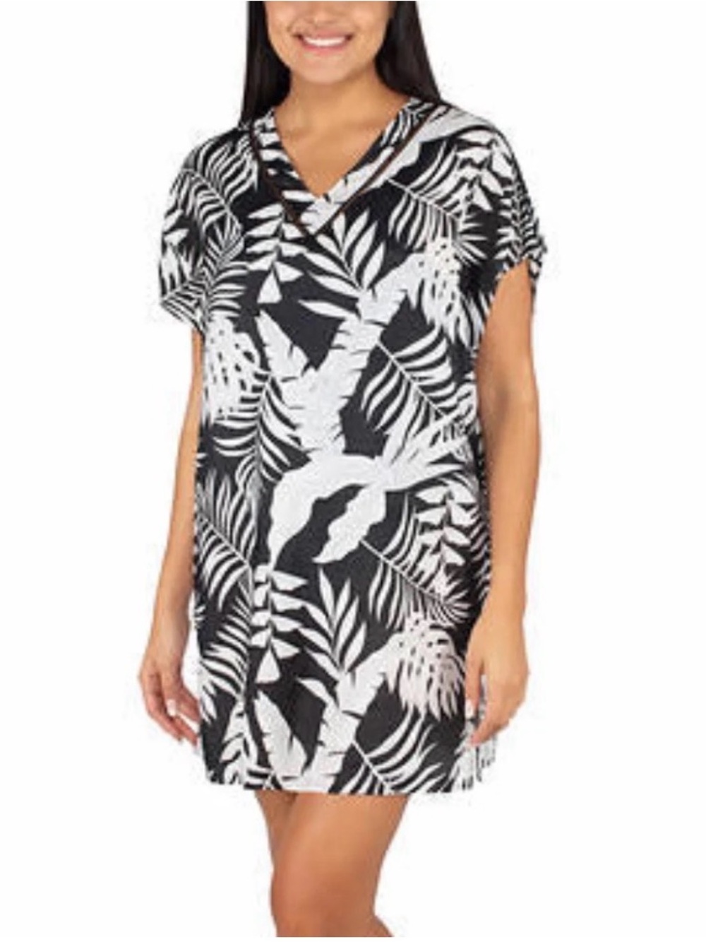 Tahari Black and White Tropical-Print V-Neck Swim Coverup